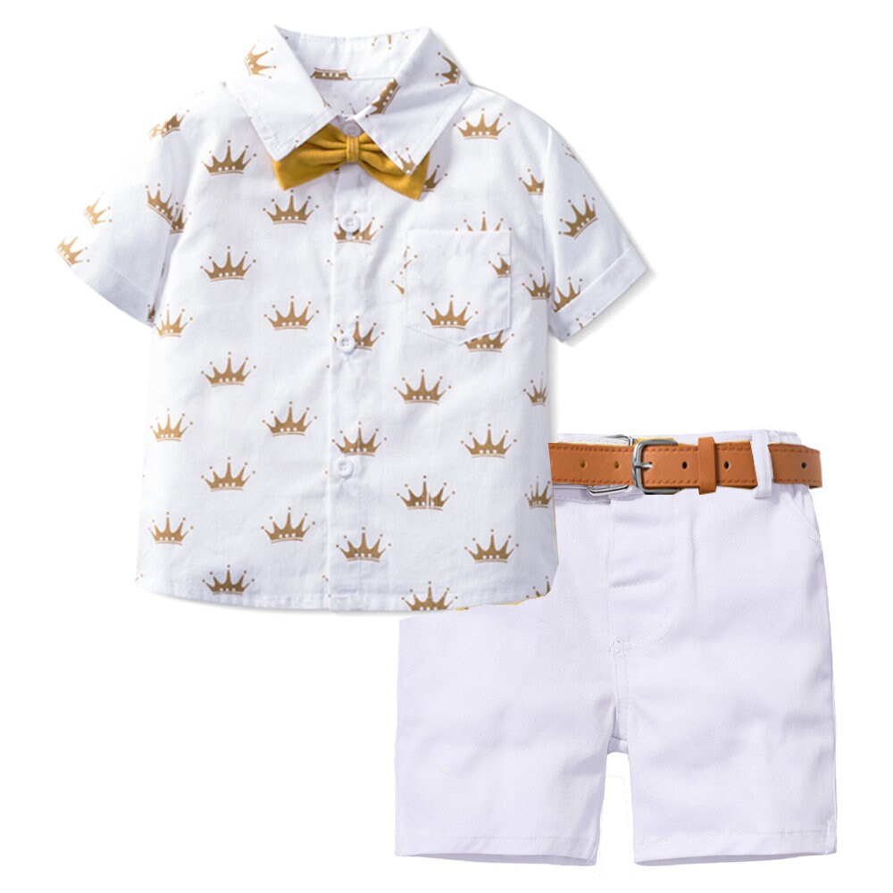 Boys' Summer Formal Outfit Set with Crown Printed Shirt and Leather Belt (1-6 Years)