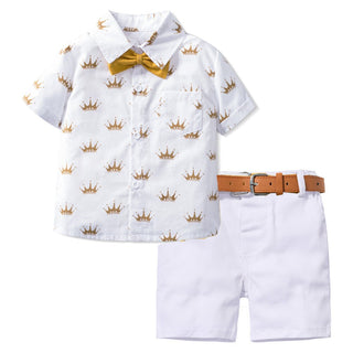 Boys' Summer Formal Outfit Set with Crown Printed Shirt and Leather Belt (1-6 Years)