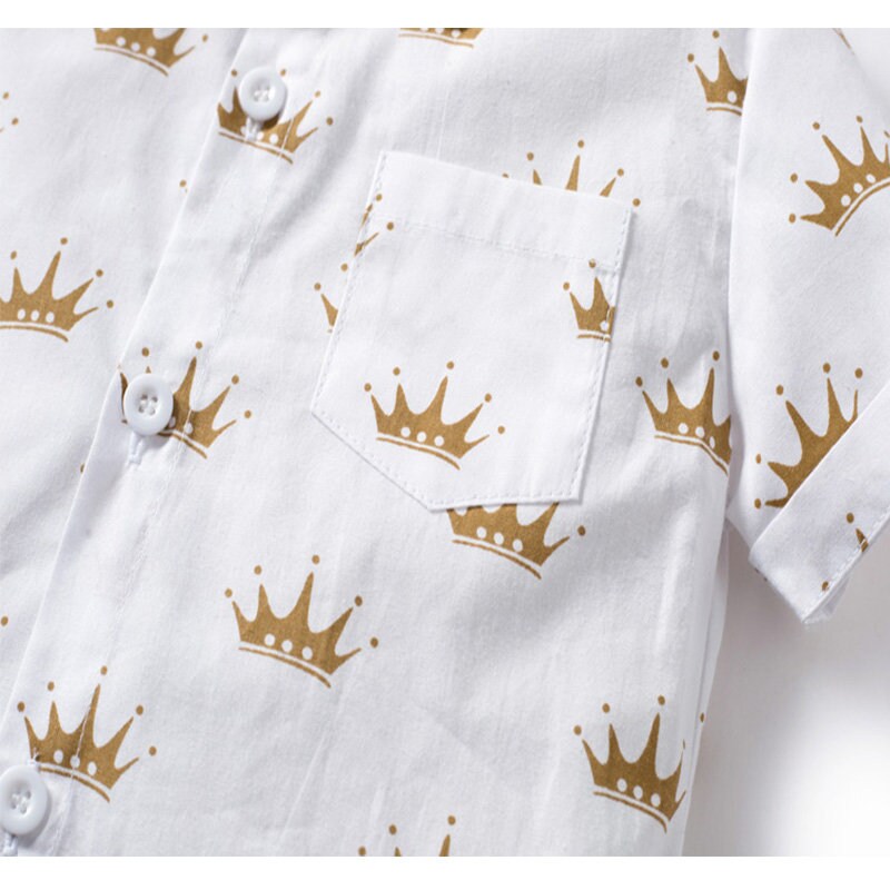 Boys' Summer Formal Outfit Set with Crown Printed Shirt and Leather Belt (1-6 Years)